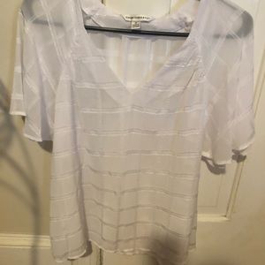 White Block V-Neck Ruffled Short Sleeve See-Thru Top-Size Medium